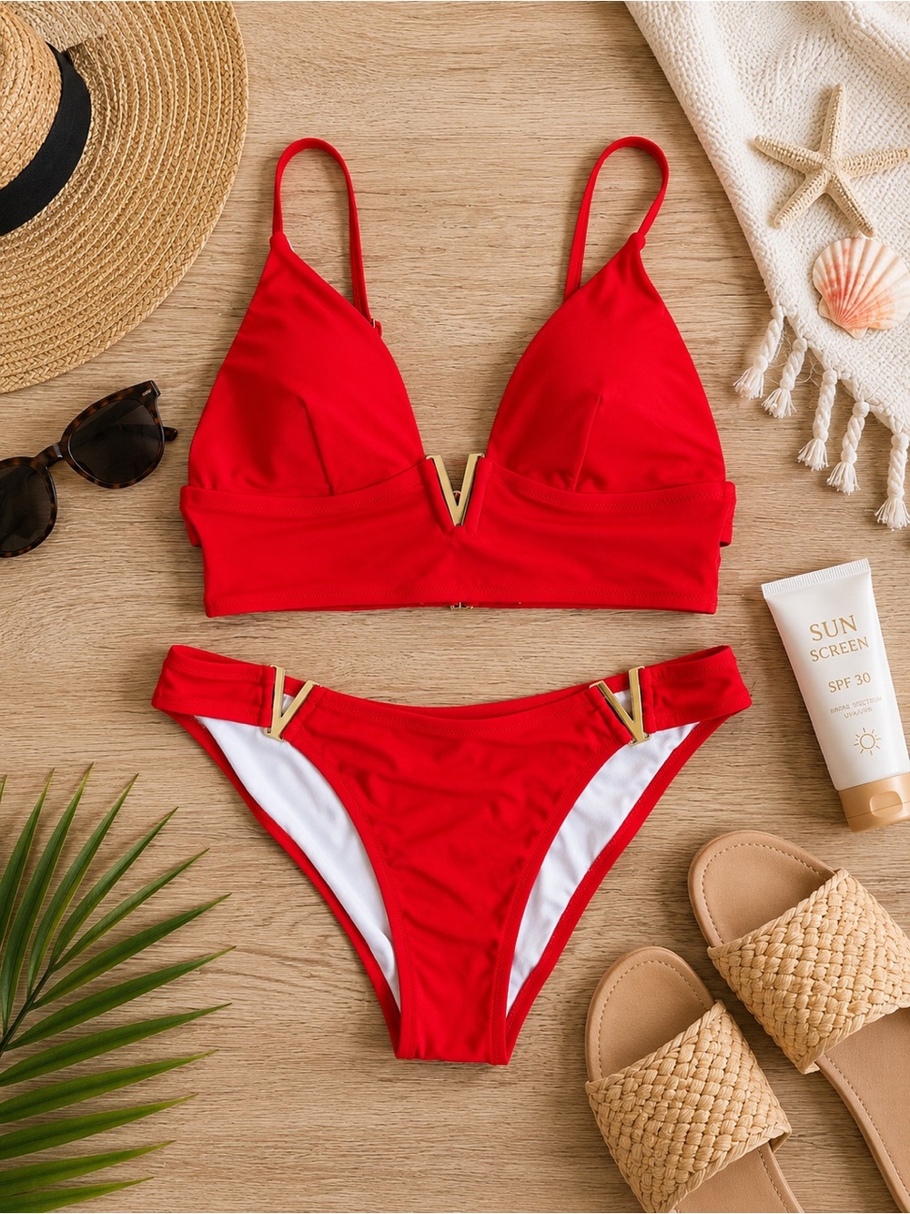 Victoria's Secret Red Bikini Set with Gold V Accents *Medium Top Large Bottom*